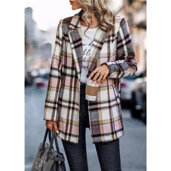 Women's 2024 Plaid Shacket Jacket Casual Button Wool Blend Winter Trench Coat - Picture 4 of 7